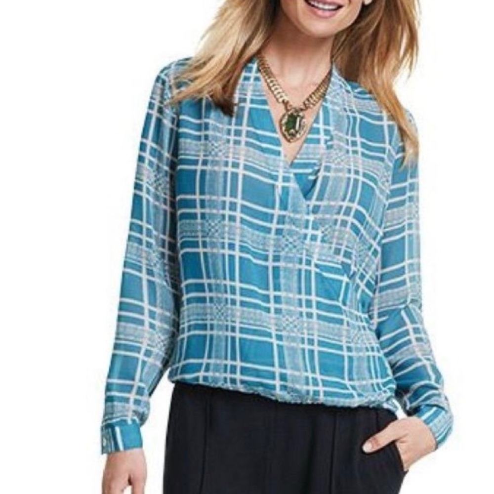 CAbi v-neck blouse, blue & white. Fun wrap style!